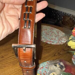 Brown leather casual belt Black Woven Inlay W Silver Toned Buckle Size 42